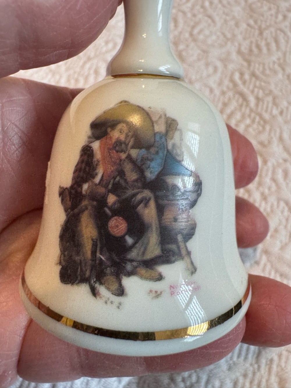 Norman Rockwell Ivory Ceramic Bell with Gold Trim